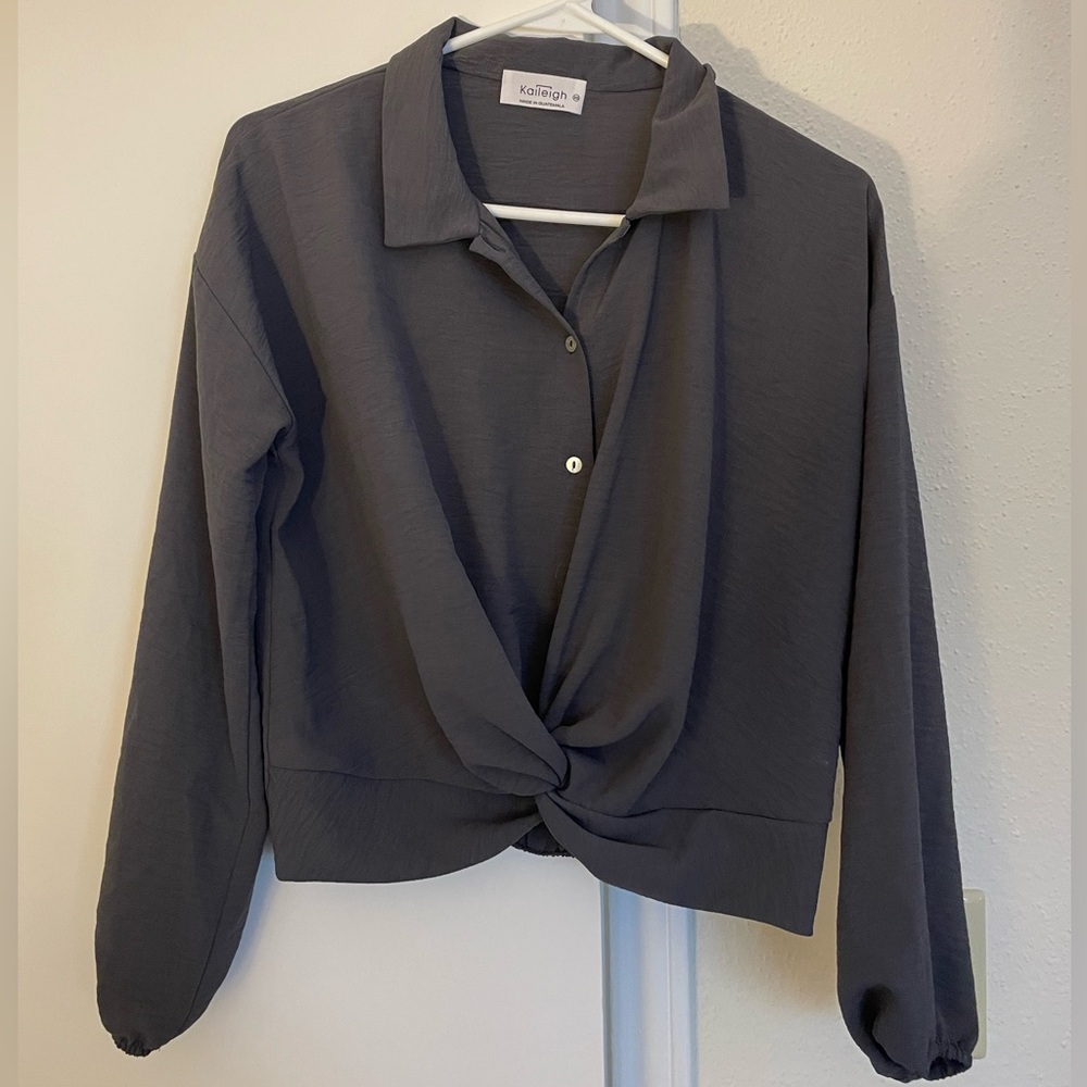 Gray Long Sleeve Twist Front Blouse